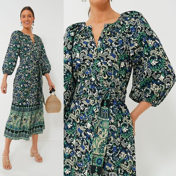 Tuckernuck Dresses & Skirts - Tuckernuck NEW Batik Floral Lyles Green Blue Puff Sleeve Belted Midi Dress M